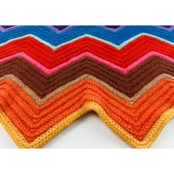 Handmade 70s Crochet Throw Chevron Blanket Cottagecore Zigzag Afghan Wool Felted - Picture 7 of 9